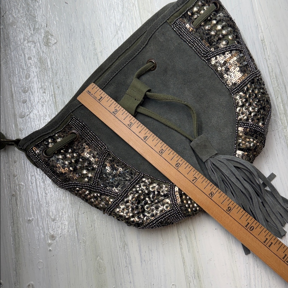 Indie Boho Gold Beaded Olive Leather/Canvas Crossbody Satchel Fringe Drawstring - Picture 7 of 14